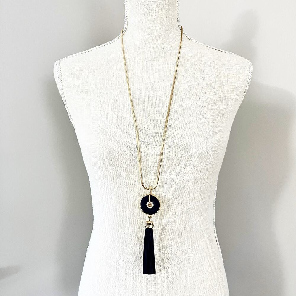 NEW White House Black Market Reversible Navy Leather Tassel Pendant Necklace